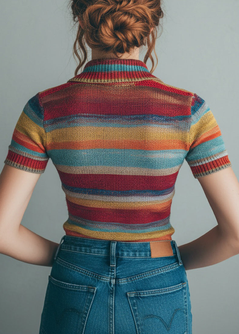 Striped Zip Up Patchwork Knit Blouses Short Sleeve