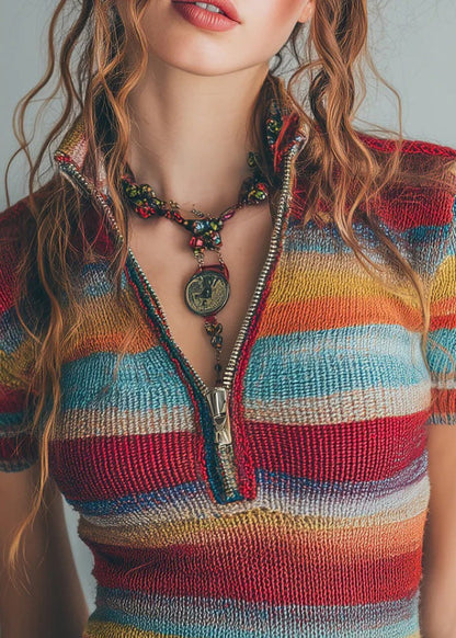 Striped Zip Up Patchwork Knit Blouses Short Sleeve
