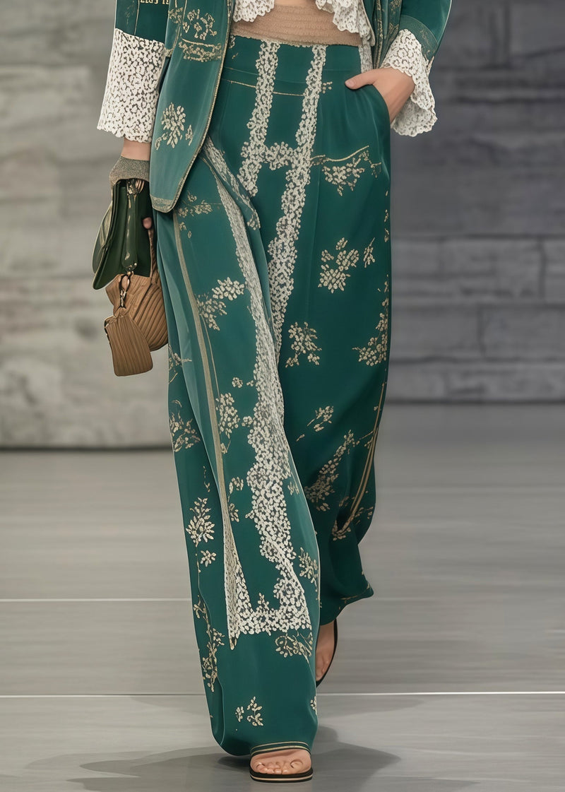 Tea Green Print Patchwork Lace Two Pieces Set Oversized Spring