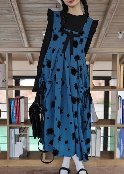 U Neck Bow Print Patchwork Top and Long Dress Two Pieces Set Long Sleeve