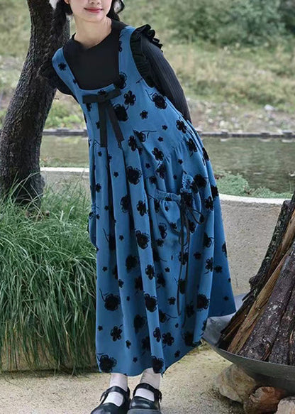 U Neck Bow Print Patchwork Top and Long Dress Two Pieces Set Long Sleeve