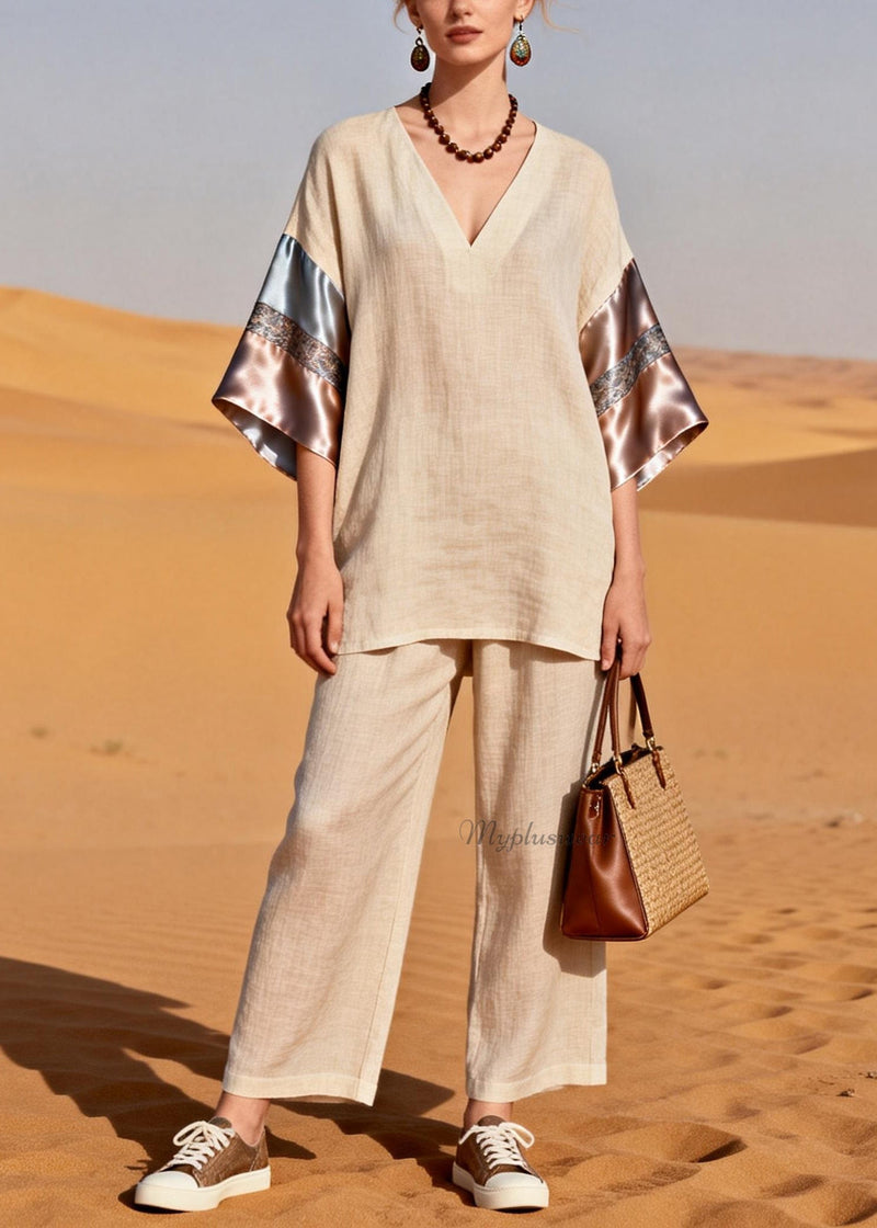V Neck Patchwork Linen Silk Sets 2 Pieces Summer