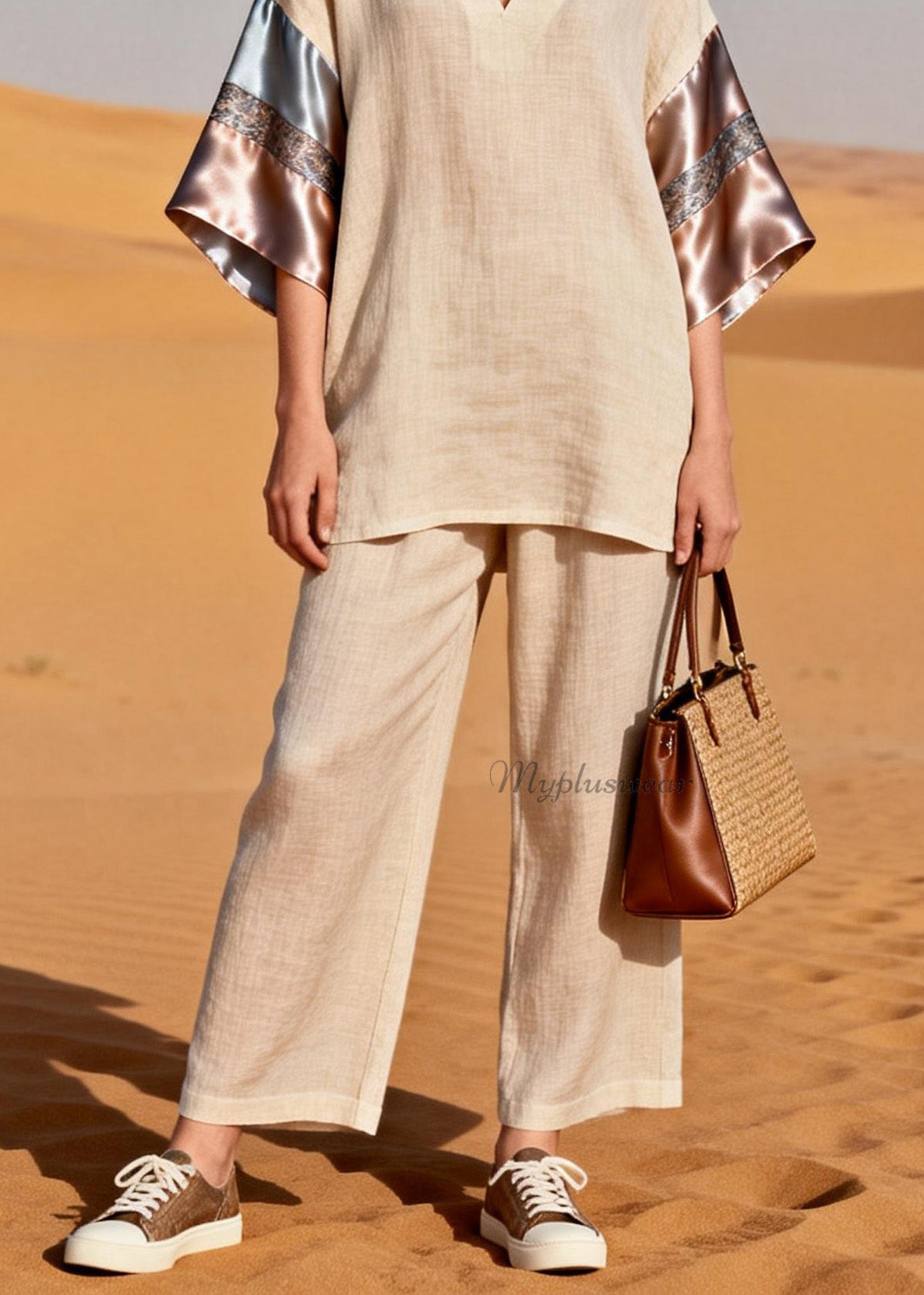 V Neck Patchwork Linen Silk Sets 2 Pieces Summer