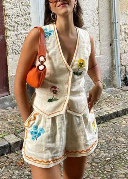 V Neck Print Pockets Cotton Two Pieces Set Summer
