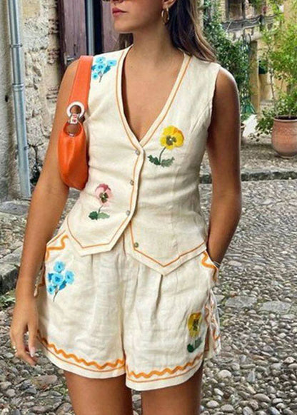 V Neck Print Pockets Cotton Two Pieces Set Summer