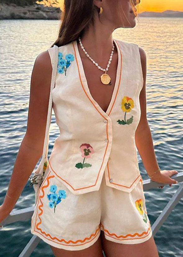 V Neck Print Pockets Cotton Two Pieces Set Summer