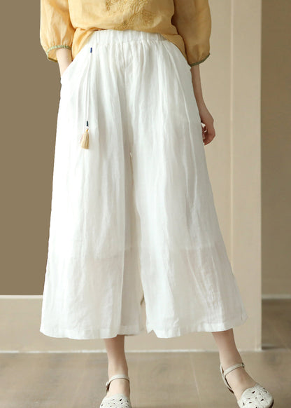 Orange Tasseled Elastic Waist Linen Wide Leg Pants Summer