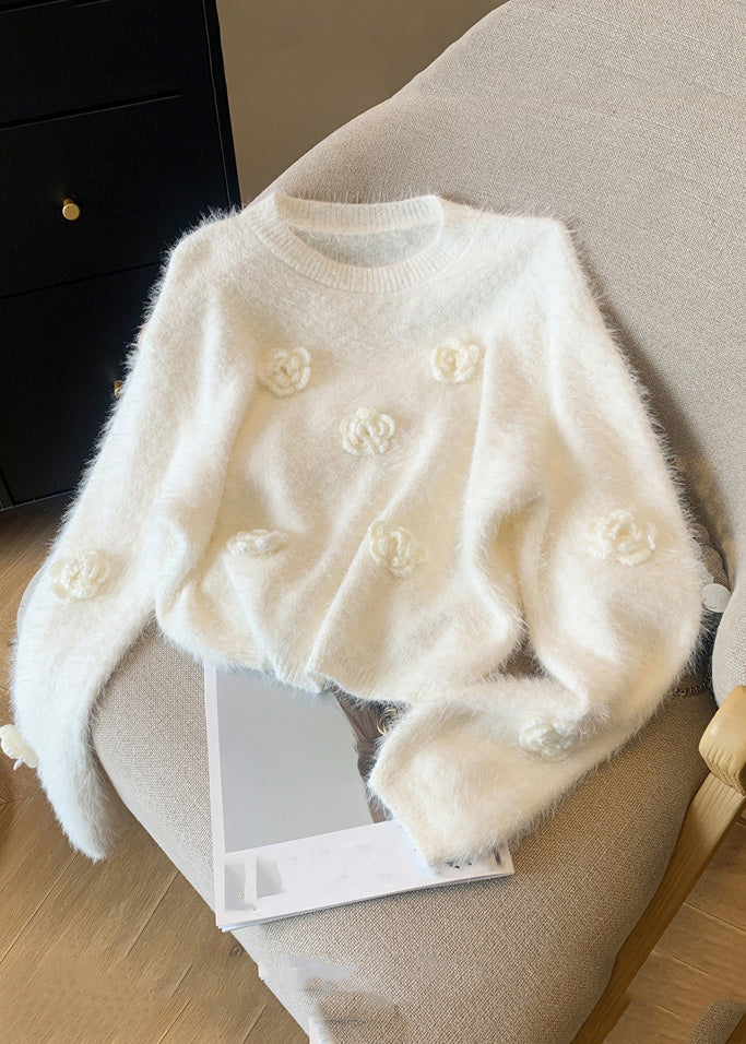 White O-neck Mink Hair Knitted Sweaters Spring