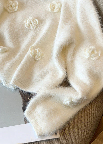 White O-neck Mink Hair Knitted Sweaters Spring