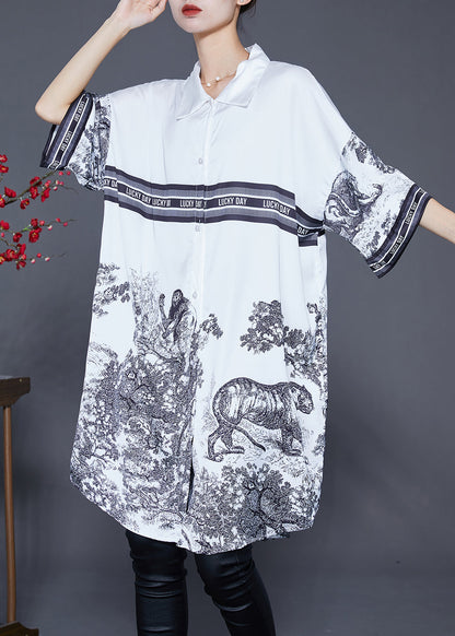 White Oversized Print Ice Silk Shirt Dress Summer
