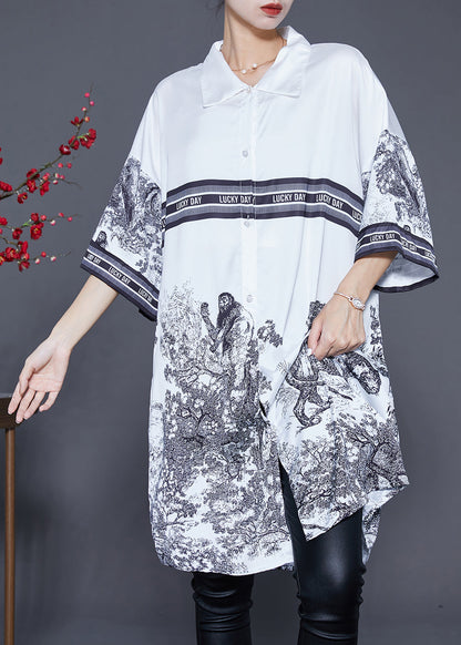White Oversized Print Ice Silk Shirt Dress Summer