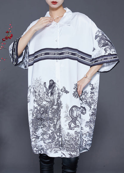 White Oversized Print Ice Silk Shirt Dress Summer