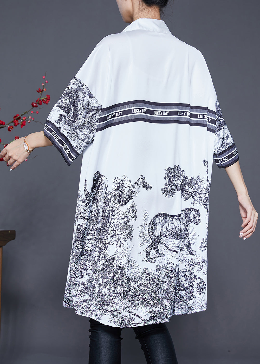 White Oversized Print Ice Silk Shirt Dress Summer