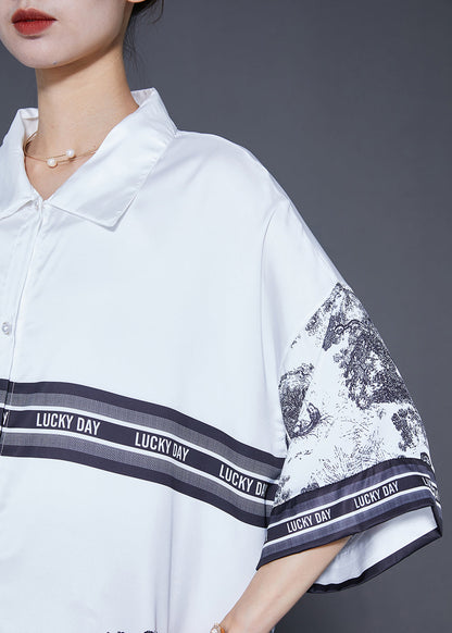 White Oversized Print Ice Silk Shirt Dress Summer
