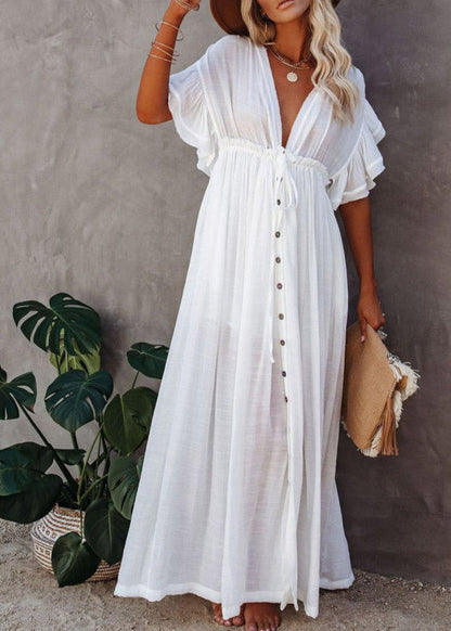 White Pleated Drawstring Party Long Dresses Summer