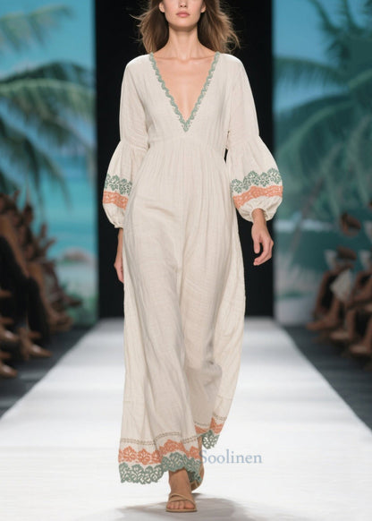 White V Neck Patchwork Linen Dress Lantern Sleeve