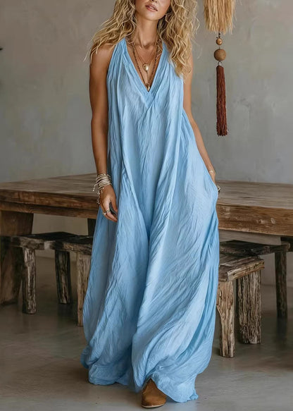 White V Neck Pockets Cotton Long Dress Sleeveless