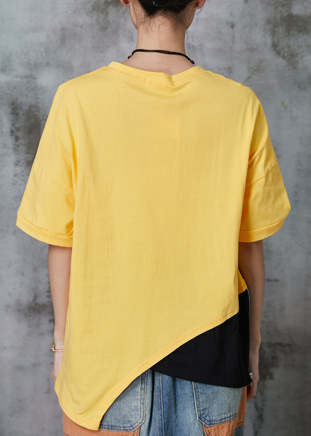 Yellow Asymmetrical Patchwork Cotton Tank Tops Summer