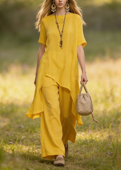 Yellow Asymmetrical Cotton Sets 2 Pieces Summer