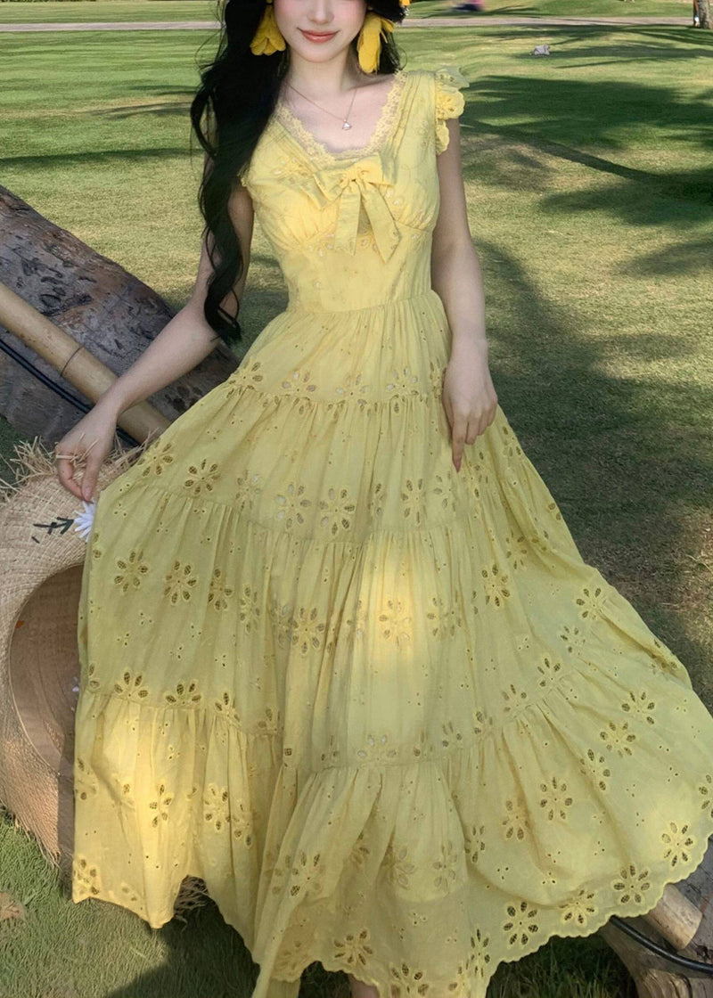 Yellow Embroidered Exra Large Hem Chiffon Holiday Dress Summer