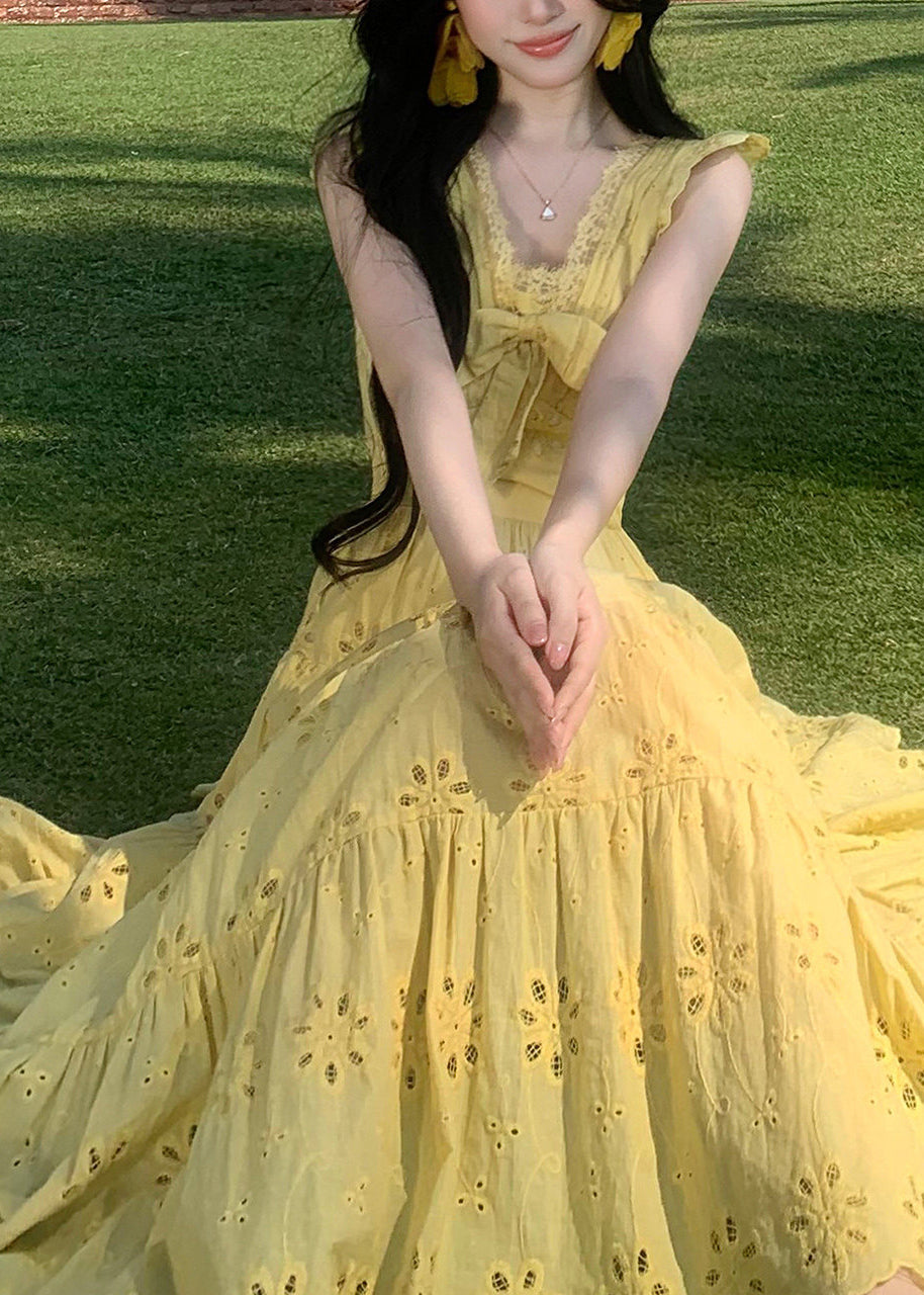 Yellow Embroidered Exra Large Hem Chiffon Holiday Dress Summer