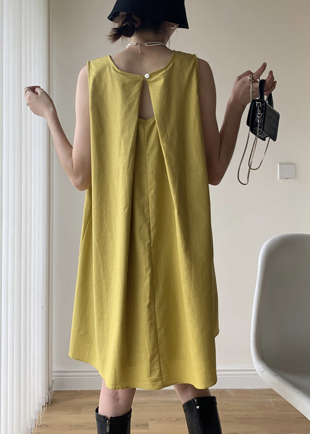Yellow O Neck Patchwork Cotton Mid Dresses Sleeveless
