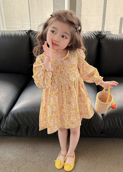 Yellow O-neck Print Mid Dress Long Sleeve