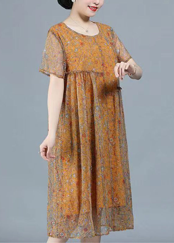 Yellow O-neck Print Patchwork Tulle Long Dresses Summer