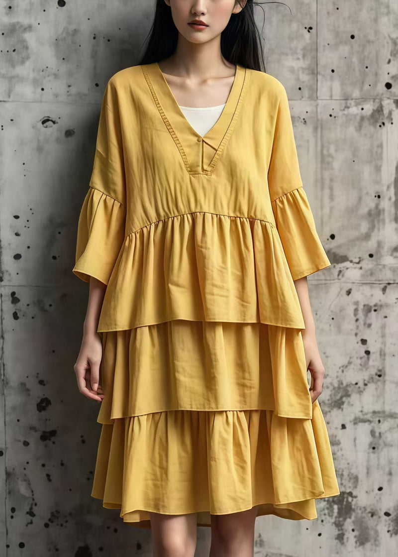 Yellow Oversized Layered Cotton Maxi Dresses Summer