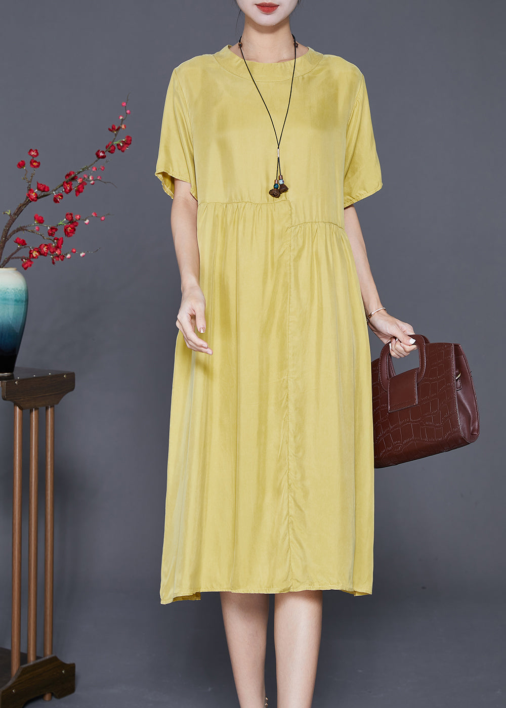 Yellow Oversized Patchwork Wrinkled Silk Dresses Summer