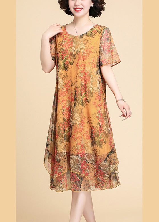 Yellow Print Chiffon Maxi Dress Summer