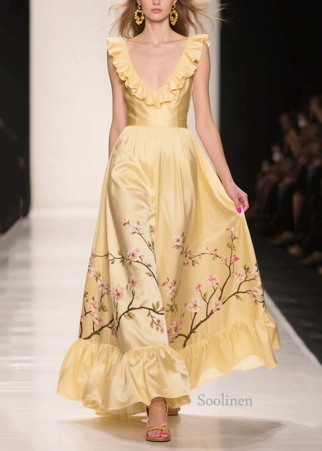 Yellow Ruffles Print Silk Vestidos Dress Summer