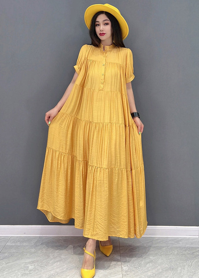 Yellow Stand Collar Patchwork Button Maxi Dresses Short Sleeve