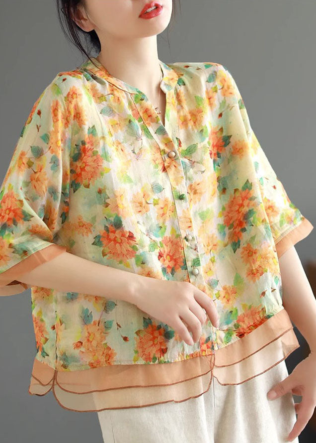 Yellow V Neck Print Button Patchwork Linen Shirts Half Sleeve
