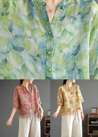 Yellow V Neck Print Button Patchwork Linen Shirts Half Sleeve