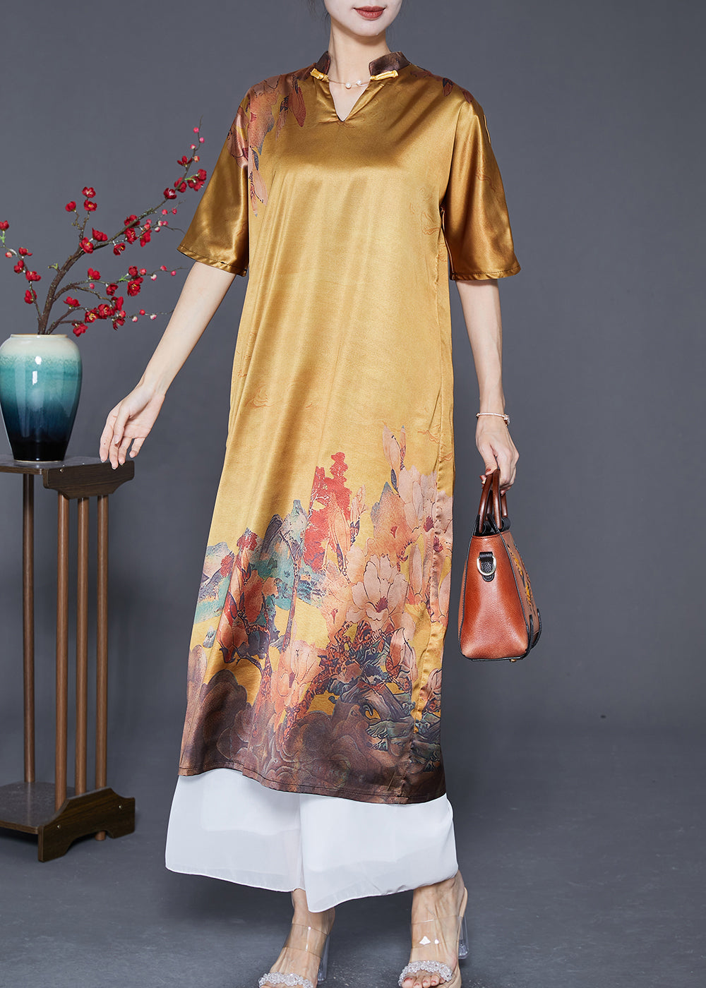 Yellow V Neck Print Silk Party Dress Summer