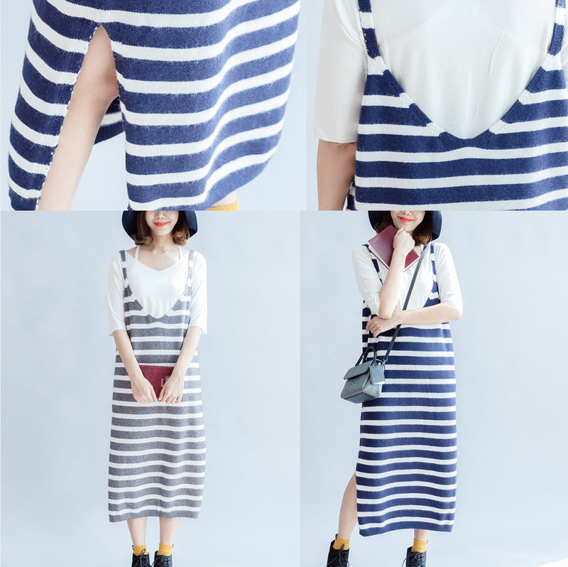 Fall Blue White Striped Knit Dresses Sleeveless Sweater Dress