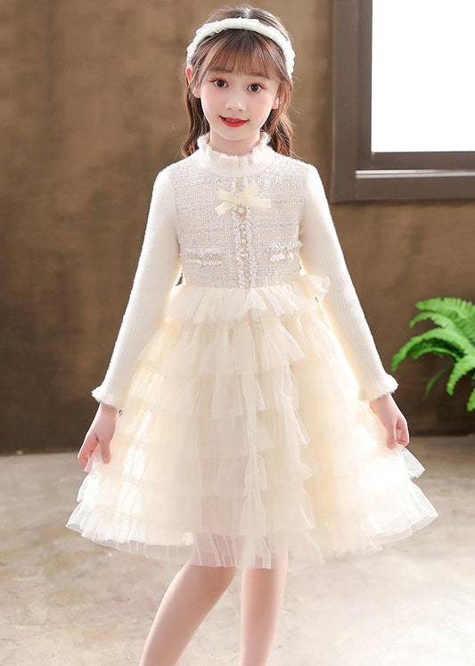 Champagne Button Knit Patchwork Tulle Mid Dresses Fall