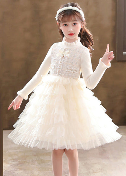 Champagne Button Knit Patchwork Tulle Mid Dresses Fall