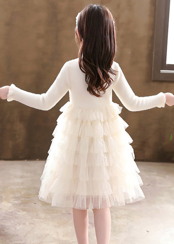 Champagne Button Knit Patchwork Tulle Mid Dresses Fall