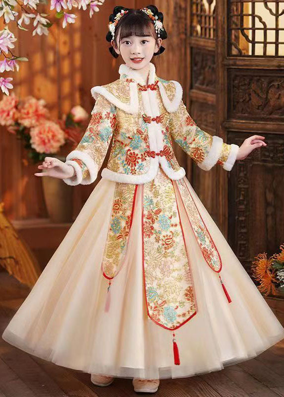 Champagne Fur Collar Tassel Button Coats and Dress Two Pieces Set Winter
