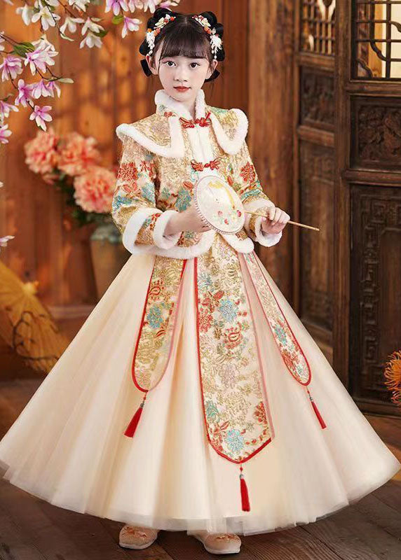 Champagne Fur Collar Tassel Button Coats and Dress Two Pieces Set Winter