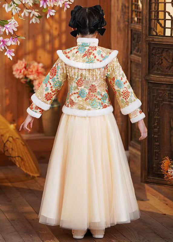 Champagne Fur Collar Tassel Button Coats and Dress Two Pieces Set Winter