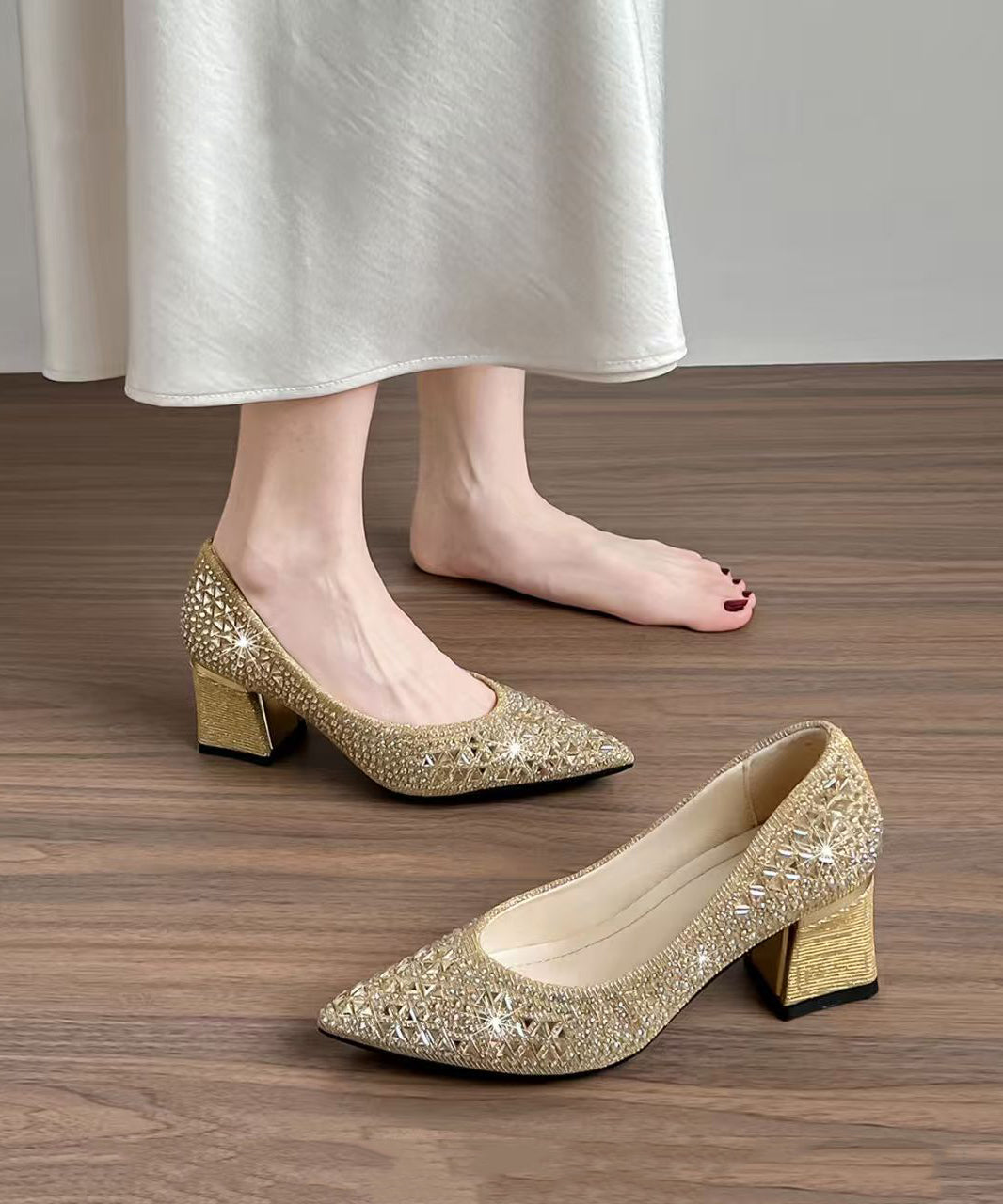 Champagne Sparkly High Heels Chunky Faux Leather Hollow Out High Heels