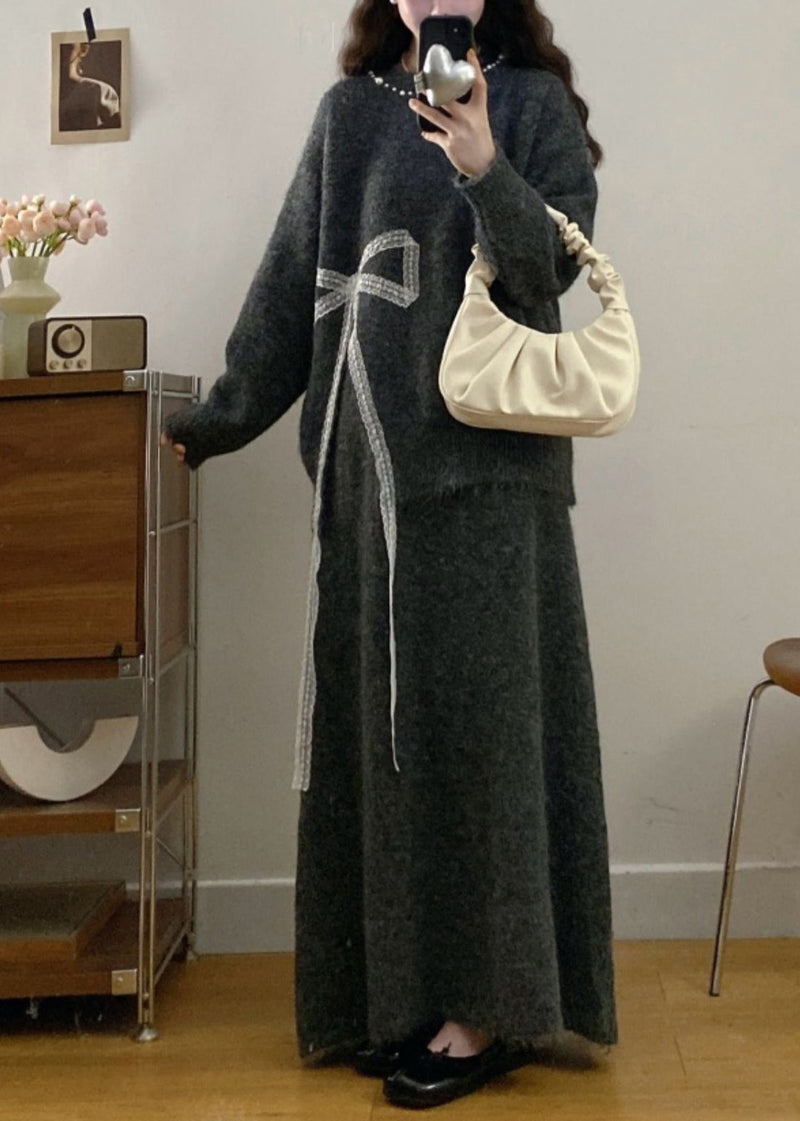 Charcoal Grey Knit Two Piece Set Clothing Oversized Bow Print Winter