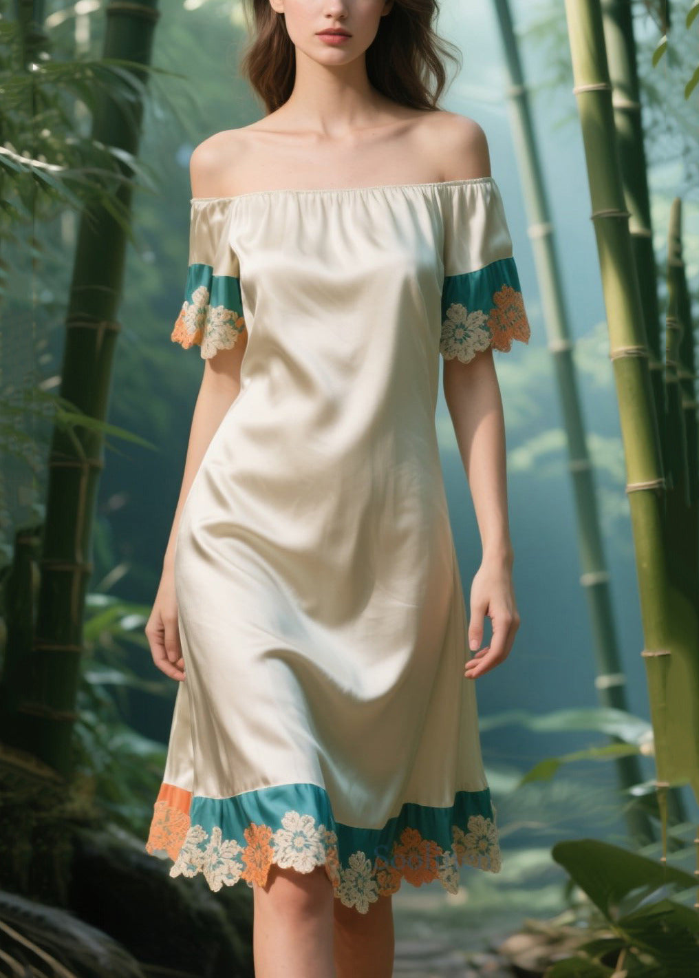 Apricot Cold Shoulder Patchwork Silk Strapless Dress Summer