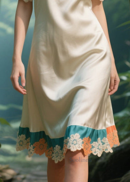 Apricot Cold Shoulder Patchwork Silk Strapless Dress Summer