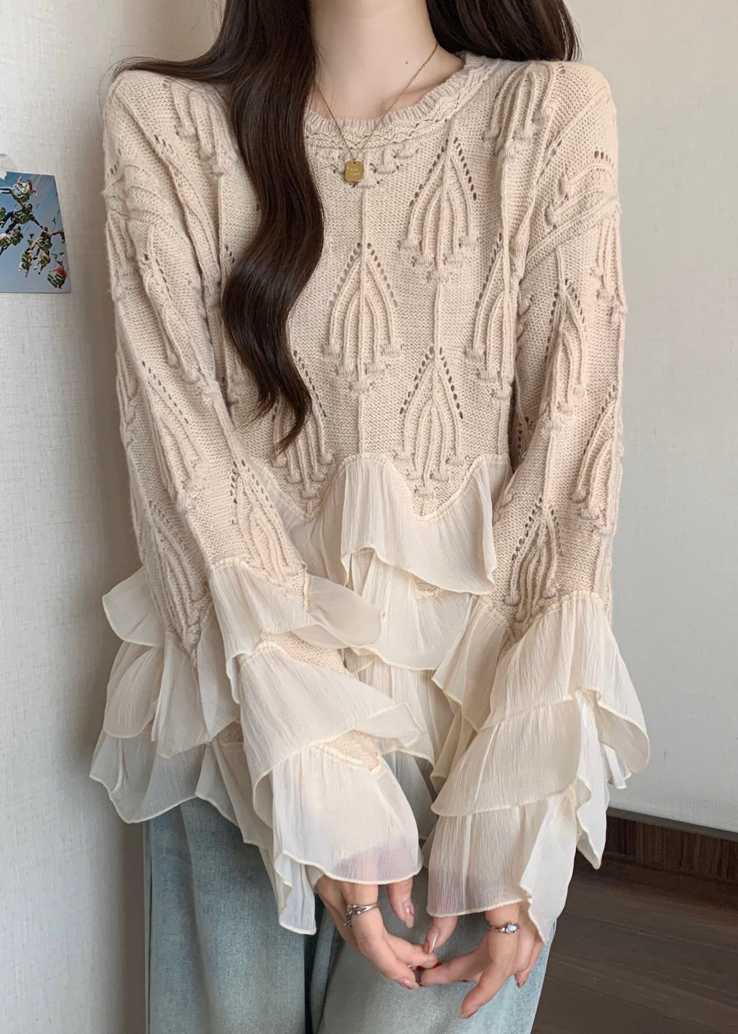 Apricot Ruffled Patchwork Knit Sweater Tops Spring