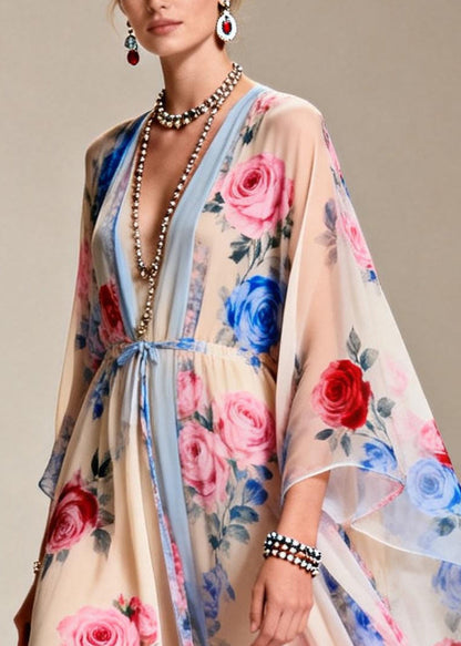 Apricot Tie Waist Print Chiffon Party Dress Summer