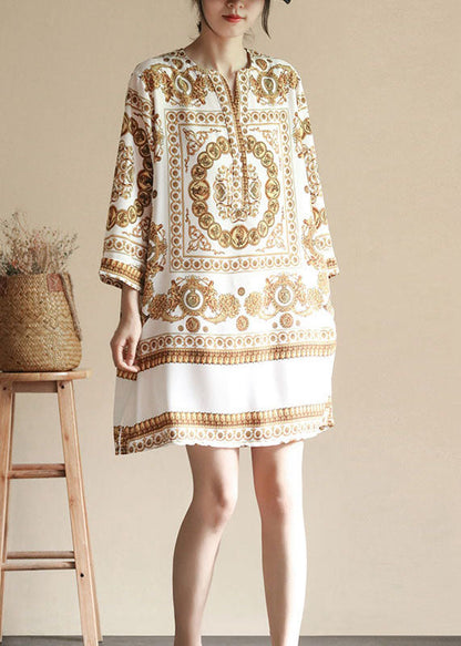 Apricot V Neck Print Patchwork Silk Dresses Summer
